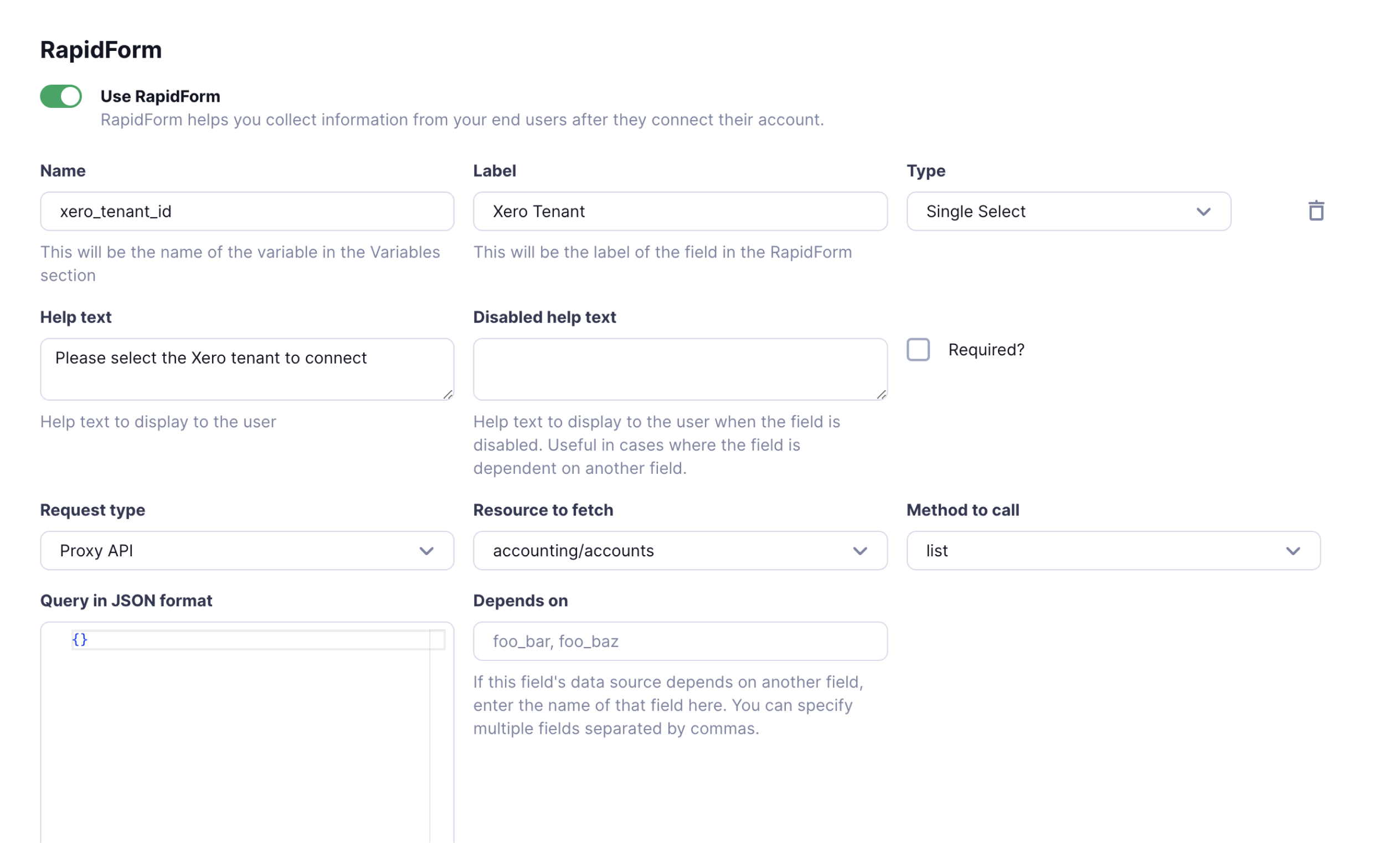 Truto RapidForm preview for a Xero integration